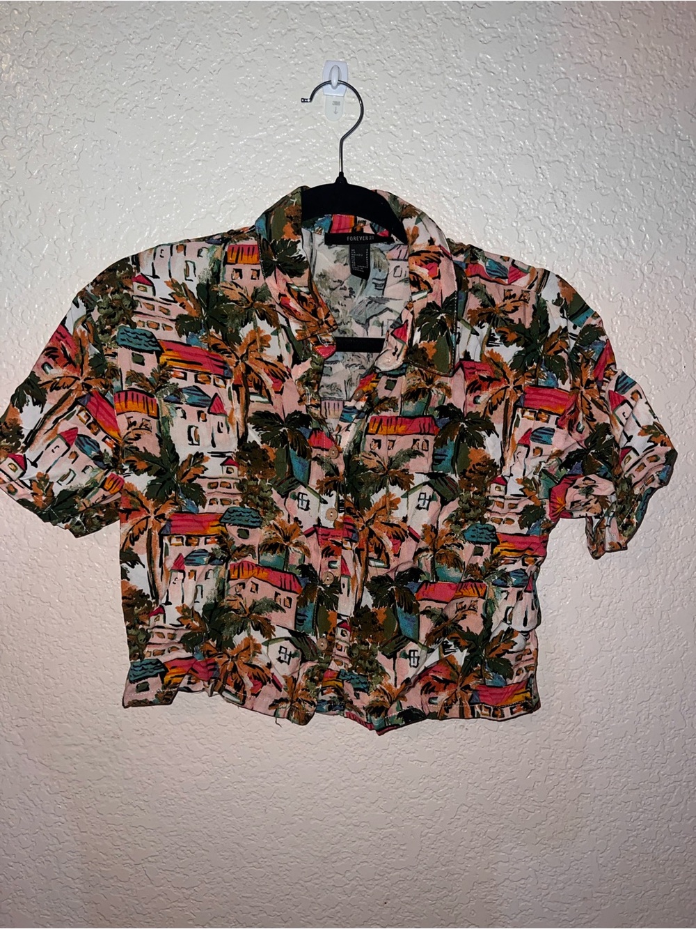 Forever 21 Tropical Print Cropped Button-Up Top